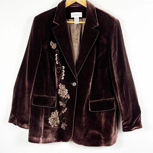Bloomingdale's Jackets & Blazers - Bloomingdales Womens Size 16W Brown Velvet Blazer Embroidered Silk Blend Floral